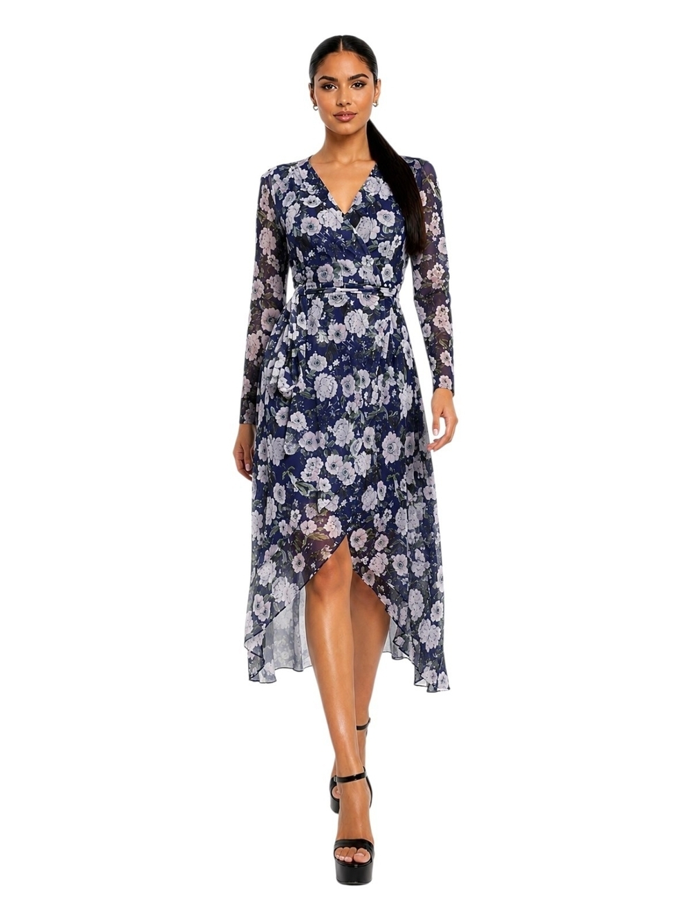 Laundry by Shelli Segal Blue Floral High-Low Wrap Dress Size 8 (M)
